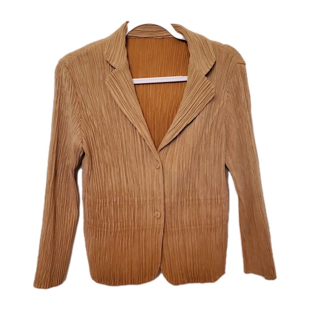 Y2K Stretch Pleated Blazer Jacket Tan Camel Crinkle Textured Fitted Small Medium